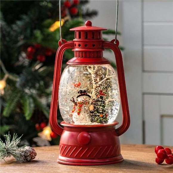 Christmas Snow Globe Lantern 9", Battery Operated Lighted Swirling Glitter